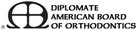 The image shows a logo with text that reads  DIPLOMATE AMERICAN BOARD OF ORTHODONTICS  and includes a graphic of a toothbrush and a clock, set against a background that appears to be a photo of a building facade.